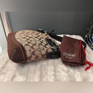 Vintage COACH Brown/Tan Signature Canvas Shoulder Bag with Suede